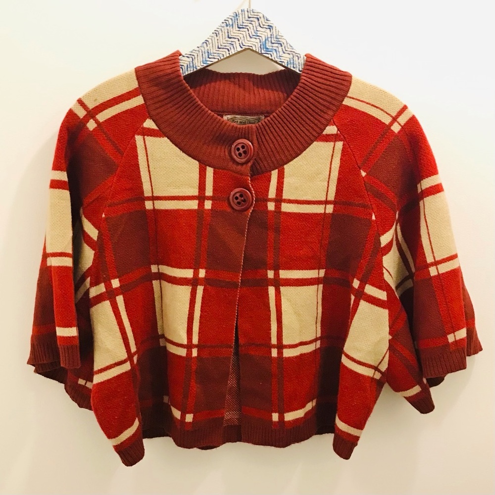 Vintage Art and Soul Sweater XL Cardigan Capelet red tan plaid retro rockabilly
